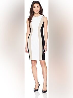 Calvin Klein White, Beige & Black Colorblock Midi Sheath Dress